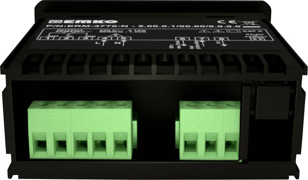 Czarne urządzenie elektroniczne z zielonymi zaciskami przyłączeniowymi, prawdopodobnie element przemysłowy lub automatyki.