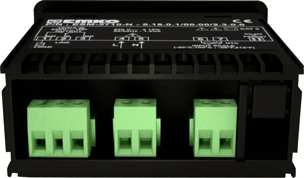 Czarne urządzenie elektroniczne z zielonymi zaciskami przyłączeniowymi. Napisy na górnej powierzchni opisują specyfikacje techniczne.