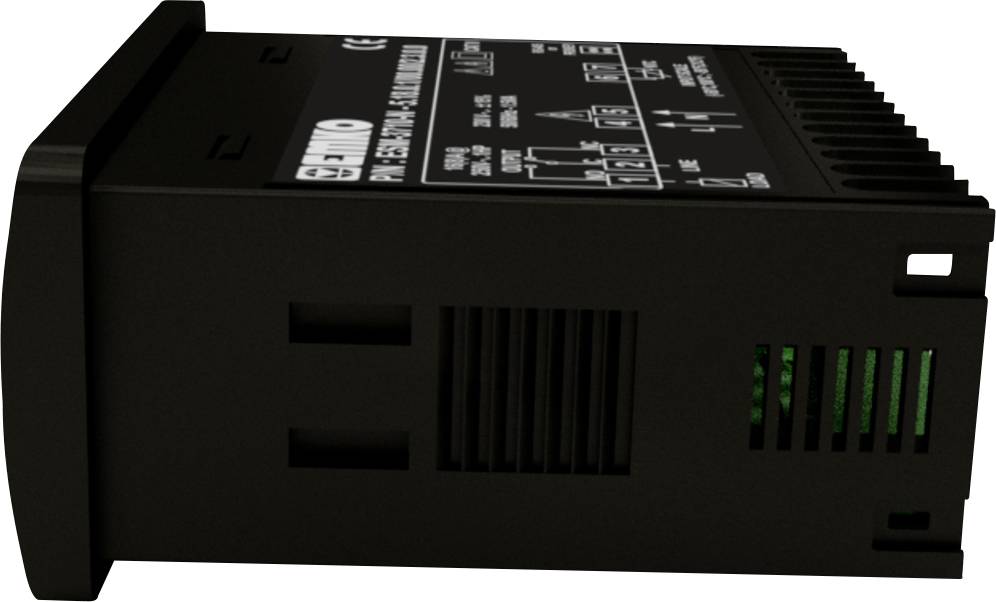 Zdjęcie przedstawia czarne urządzenie elektroniczne z różnymi przełącznikami i wskaźnikami na górnej powierzchni, ułożone poziomo.