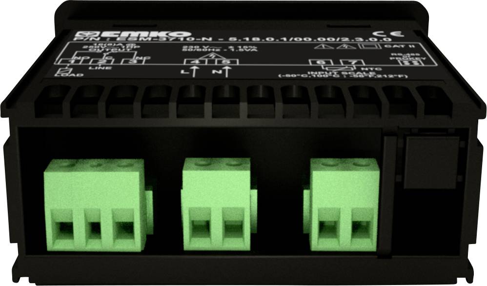 Czarne urządzenie elektryczne z zielonym modułem przyłączeniowym, prawdopodobnie urządzenie sterujące lub regulacyjne, z napisami na górnej powierzchni.