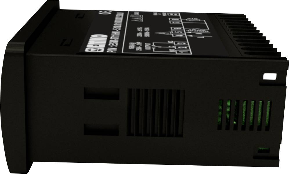 Czarne urządzenie elektryczne z otworami wentylacyjnymi, z bocznym nadrukiem prezentującym informacje techniczne i schematy elektryczne.