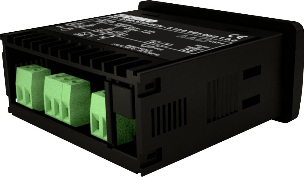 'Urządzenie elektroniczne z czarną obudową i zielonymi zaciskami, prawdopodobnie moduł elektryczny lub urządzenie zasilające.'