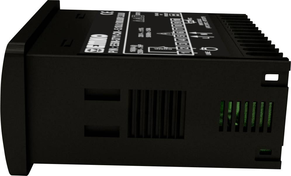 Czarny elektroniczny sprzęt z otworami wentylacyjnymi i opisaną górną powierzchnią, prawdopodobnie przemysłowy regulator lub urządzenie sterujące.