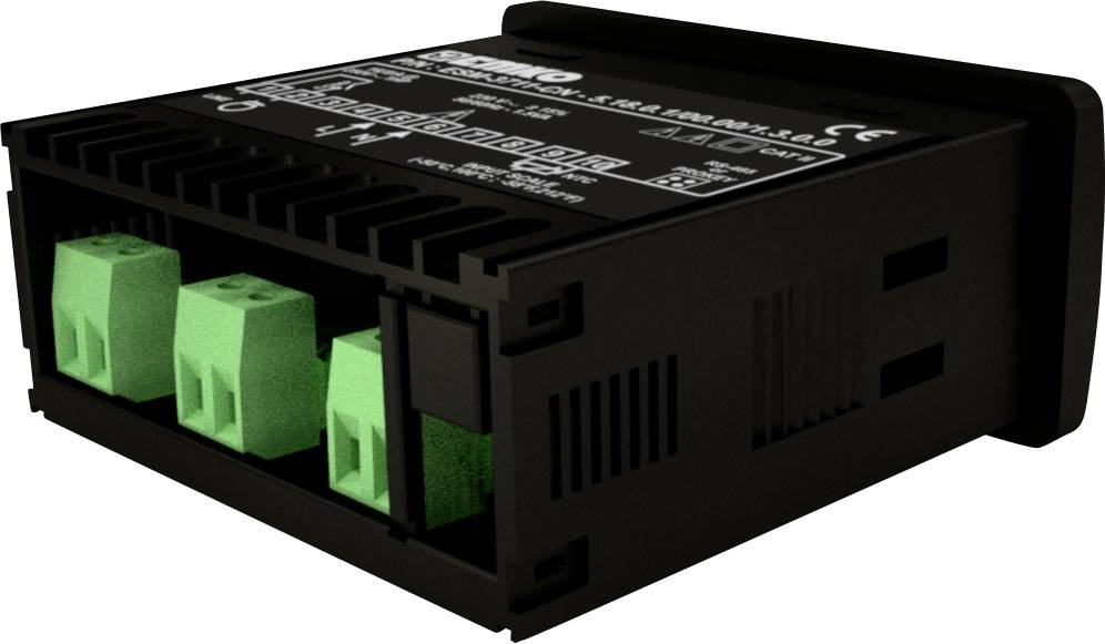 Czarne urządzenie elektroniczne z zielonymi, wtykalnymi zaciskami na przedniej ściance, najprawdopodobniej moduł sterujący lub pomiarowy.