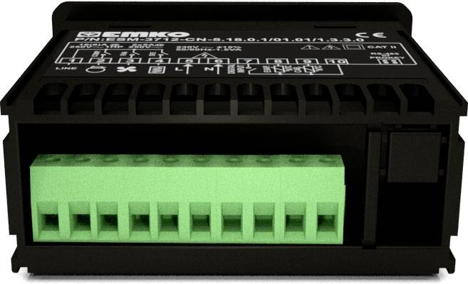 Czarny elektroniczny aparat z zielonym blokiem przyłączeniowym i wieloma zaciskami przyłączeniowymi, prawdopodobnie jednostka sterująca lub moduł. Na górze wydrukowane są białe dane techniczne.