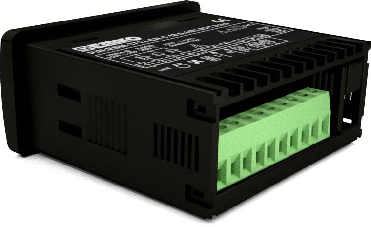 Czarny elektroniczny przyrząd z zielonym blokiem przyłączeniowym, prawdopodobnie przemysłowy kontroler lub przełącznik, na białym tle.