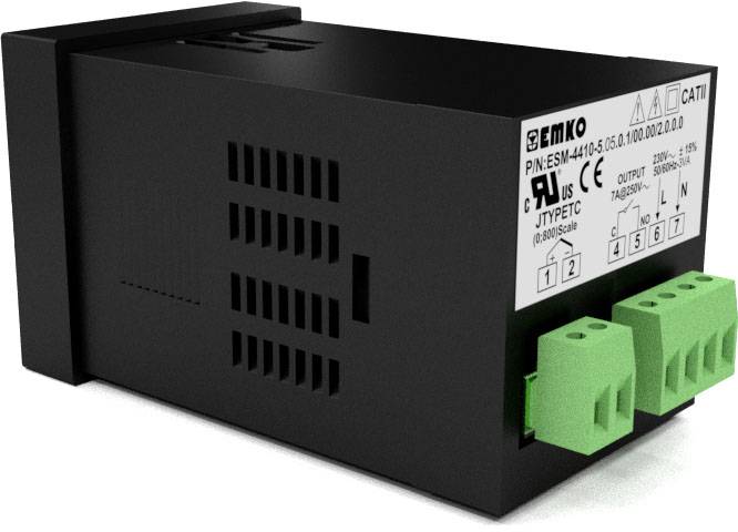 Czarne urządzenie elektroniczne z zielonymi zaciskami przyłączeniowymi, z napisem 'GEMKO ESM-4410', przedstawiające specyfikacje techniczne.