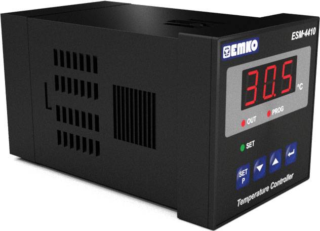 Regulator temperatury z cyfrowym wyświetlaczem pokazuje 30,5 °C. Obudowa z tworzywa sztucznego z przyciskami do programowania i regulacji.