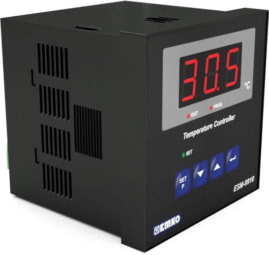 Regulator temperatury z wyświetlaczem cyfrowym pokazuje '30,5 °C'. Cztery przyciski sterujące poniżej: jeden do ustawiania, pozostałe do nawigacji strzałkami.