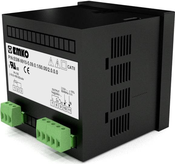 Czarne urządzenie EMKO z białymi etykietami i zielonymi zaciskami, model ESM-9910; widoczne elektryczne informacje i symbole bezpieczeństwa.