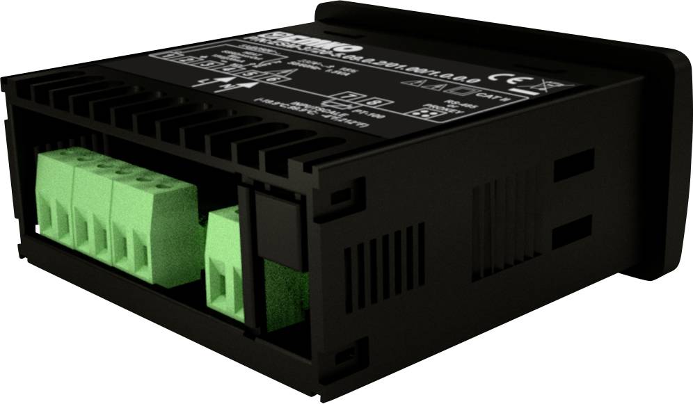 Czarny, prostokątny sprzęt elektroniczny z zielonymi portami i opisaną górną powierzchnią. Używany do połączeń elektrycznych.