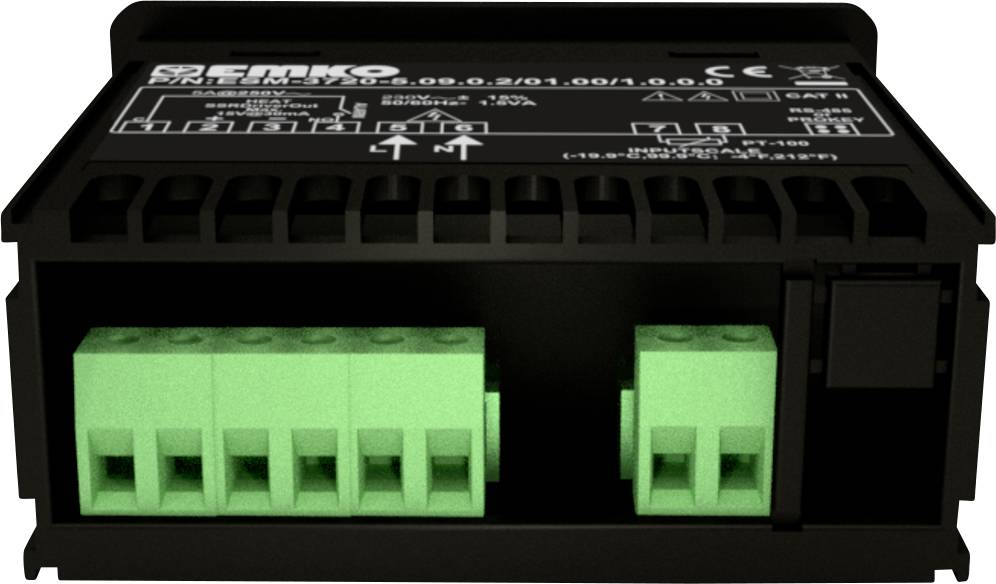 Czarne, elektroniczne urządzenie z zielonymi zaciskami przyłączeniowymi i oznaczeniami na górnej powierzchni, stosowane do sterowania systemami technicznymi.
