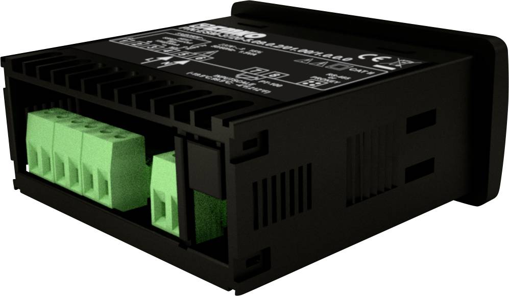 Czarne urządzenie elektroniczne z zielonymi zaciskami przyłączeniowymi, prawdopodobnie jednostka sterująca lub moduł, na białym tle.