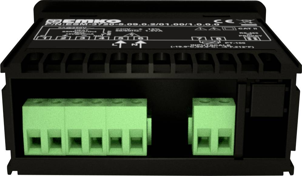 Czarne elektroniczne urządzenie sterujące z zielonymi złączami i oznaczeniami na górnej powierzchni, przeznaczone do zastosowań technicznych.