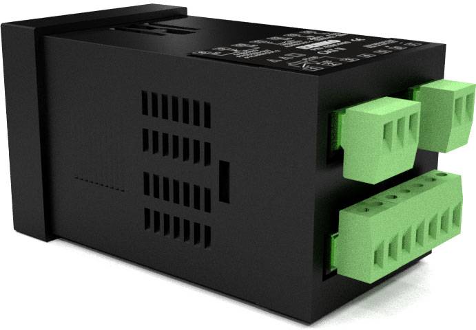 Czarne urządzenie elektryczne z zielonymi zaciskami przyłączeniowymi z tyłu, przeznaczone do zastosowań przemysłowych.