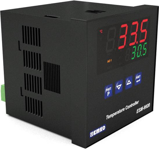 Regulator temperatury ESM-9920 z wyświetlaczem cyfrowym. Czerwona liczba wskazuje aktualną temperaturę 33,5 °C, zielona liczba temperaturę docelową 30,5 °C.