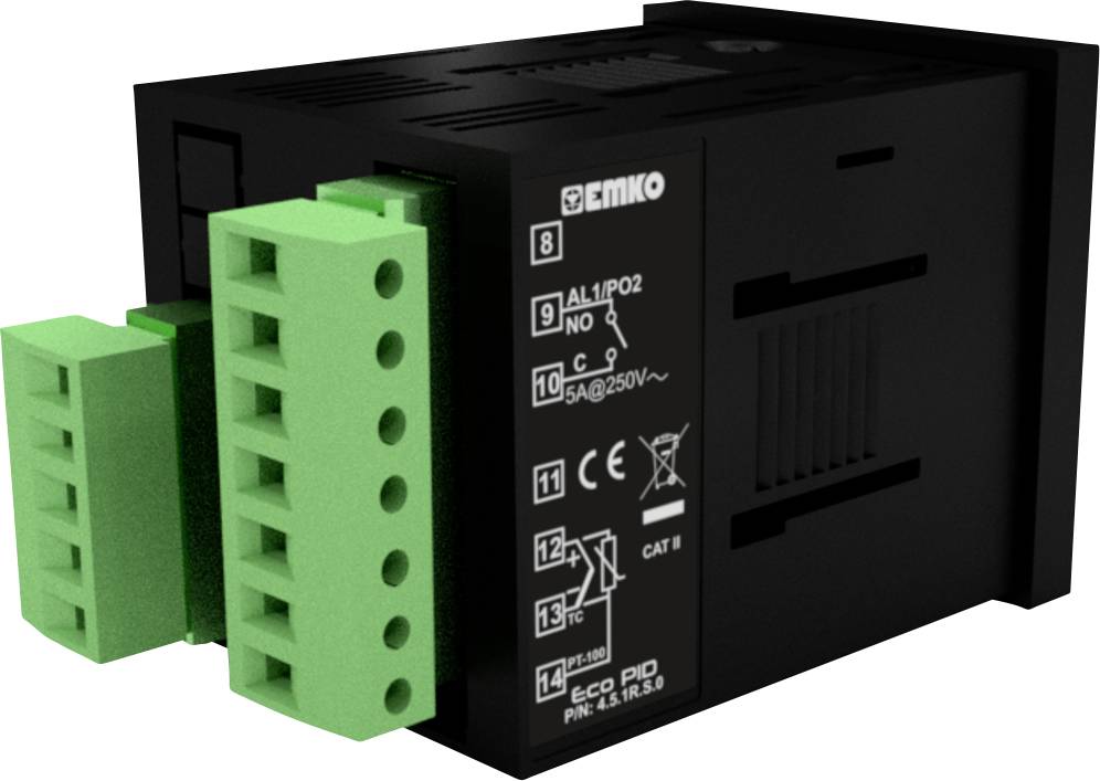 Czarny elektroniczny sprzęt z zielonymi zaciskami, etykietą ze specyfikacjami technicznymi i symbolami na przedniej stronie. Producent: Emko.