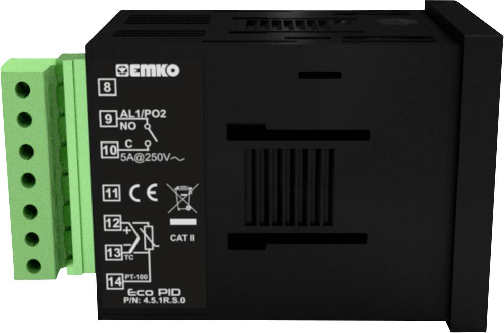 Czarne, prostokątne urządzenie z zielonymi złączami i opisami parametrów technicznych, w tym oznaczeniem CE.
