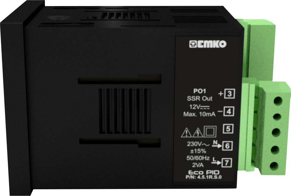 Czarne urządzenie elektroniczne firmy Emko z zielonymi złączami, wyświetlające skalę 'PO1 SSR Out' ze specyfikacją techniczną po prawej stronie.