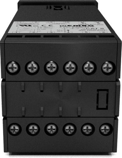 Czarny elektroniczny przyrząd z zaciskami śrubowymi na przedniej ściance, prawdopodobnie element systemu rozdzielni elektrycznej.