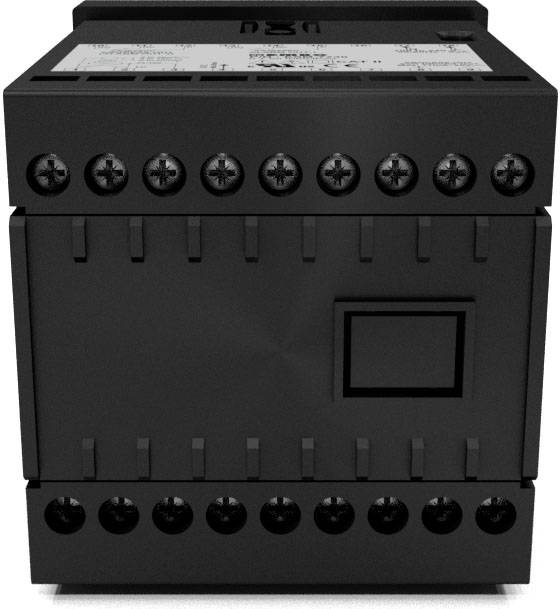 Czarny elektryczny moduł z wieloma zaciskami śrubowymi po górnej i dolnej stronie, prawdopodobnie przeznaczony do zastosowań przemysłowych.