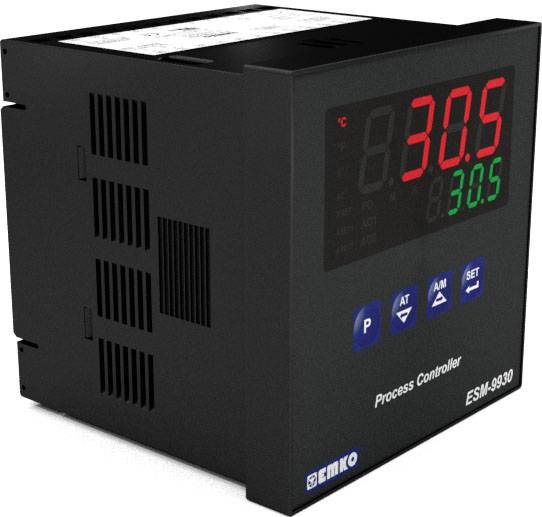 Elektroniczny regulator temperatury z czerwonym wyświetlaczem pokazuje '30.5°C'. Widoczne są przyciski sterujące oraz logo firmy.