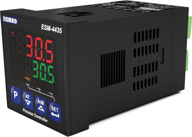 Regulator procesowy z wyświetlaczem pokazuje '30,5 °C' i 'PRESET'. Model 'ESM-4435'. Widoczne są przyciski ustawień.