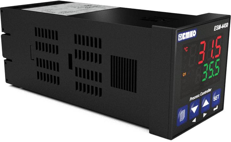 Cyfrowy regulator temperatury z wyświetlaczem LED pokazuje '31,5°C' i '35,5°C'. Posiada przyciski do ustawień i menu nawigacyjne.