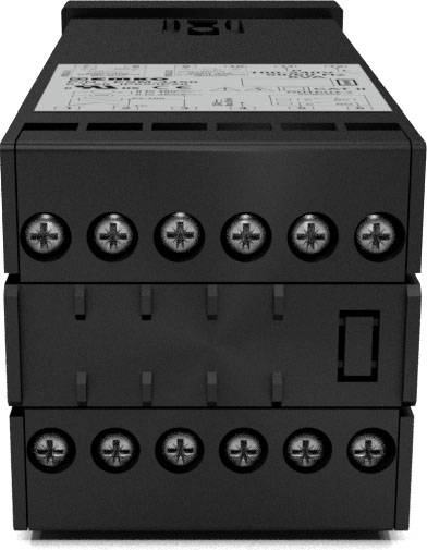 Czarny elektroniczny przyrząd z zaciskami śrubowymi i diagramem na górze. Prawdopodobnie elektryczny przekaźnik lub moduł.