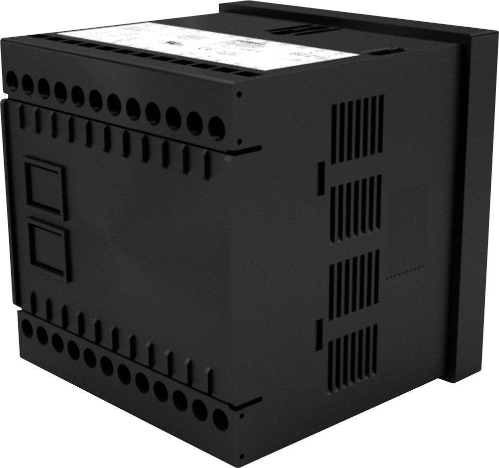 Czarny elektroniczny sprzęt z wieloma złączami i otworami wentylacyjnymi, prawdopodobnie zasilacz sieciowy lub rozdzielnia elektryczna.