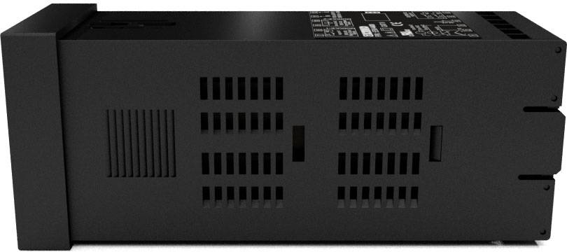 Czarny elektroniczny sprzęt z otworami wentylacyjnymi z boku.