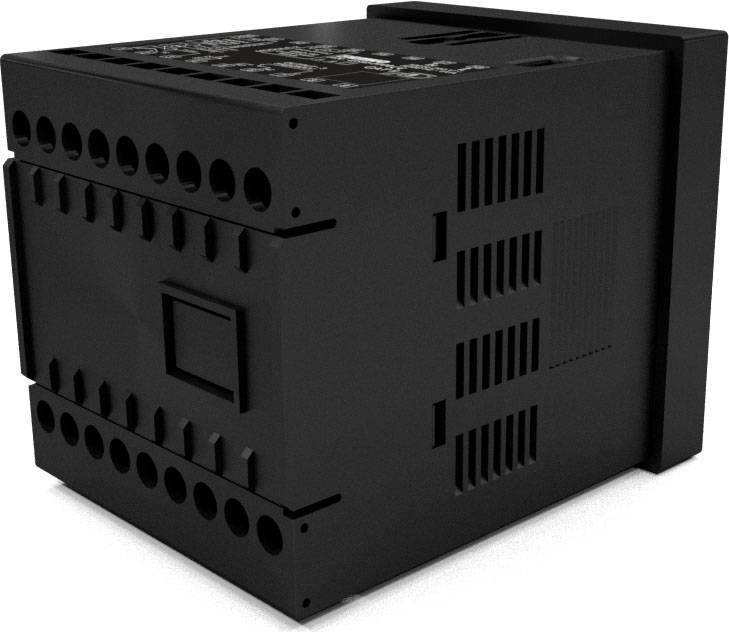 Czarny, prostokątny elektroniczny sprzęt z wieloma portami i otworami wentylacyjnymi.