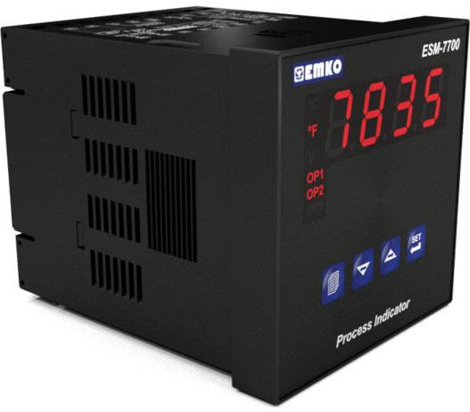 Wyświetlacz temperatury z czerwoną diodą LED. Wyświetla '7835 °F'. Dwa wyjścia OP1 i OP2, z przyciskami do ustawień. Model Emko ESM-7700.