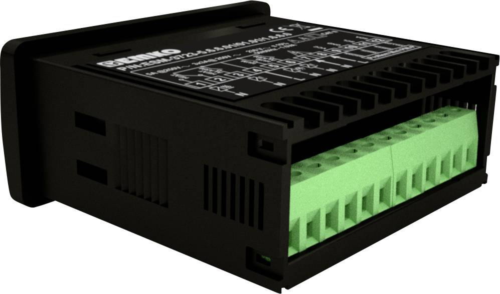 Czarny elektroniczny przyrząd z zielonymi zaciskami i oznaczeniami na górnej powierzchni. Możliwy do wykorzystania w obwodach elektrycznych.