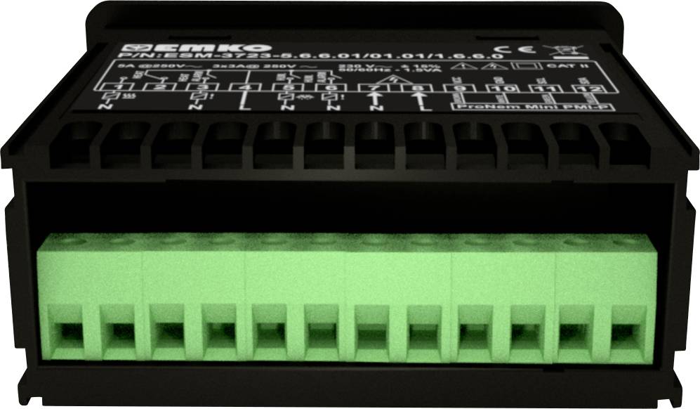 Czarno-zielony moduł elektryczny z wieloma zaciskami przyłączeniowymi i białymi oznaczeniami na górnej powierzchni.