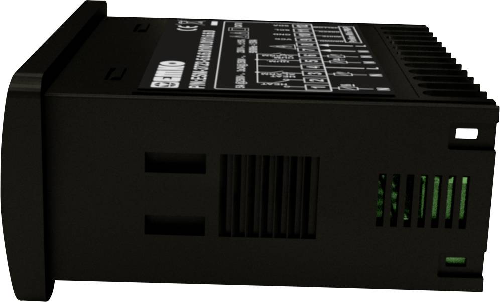 Czarne urządzenie elektroniczne z otworami wentylacyjnymi i diagramami na górnej powierzchni, prawdopodobnie przyrząd pomiarowy lub regulator.