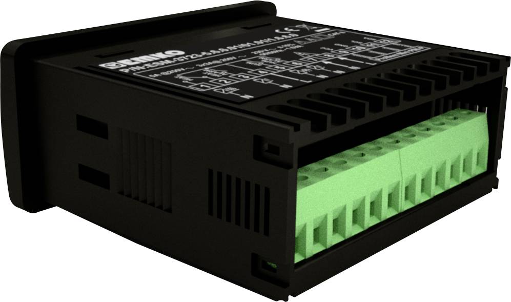 Czarny, prostokątny przyrząd elektroniczny z zielonymi zaciskami przyłączeniowymi. Na górnej powierzchni widoczne są specyfikacje techniczne.