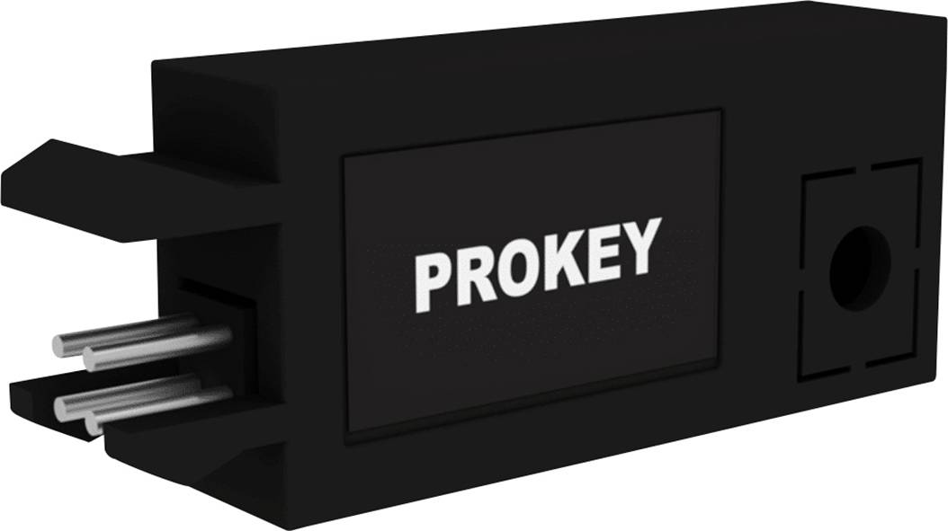 Czarny pendrive z napisem 'PROKEY'. Posiada trzy metalowe styki i jest przeznaczony do bezpiecznego przechowywania danych.