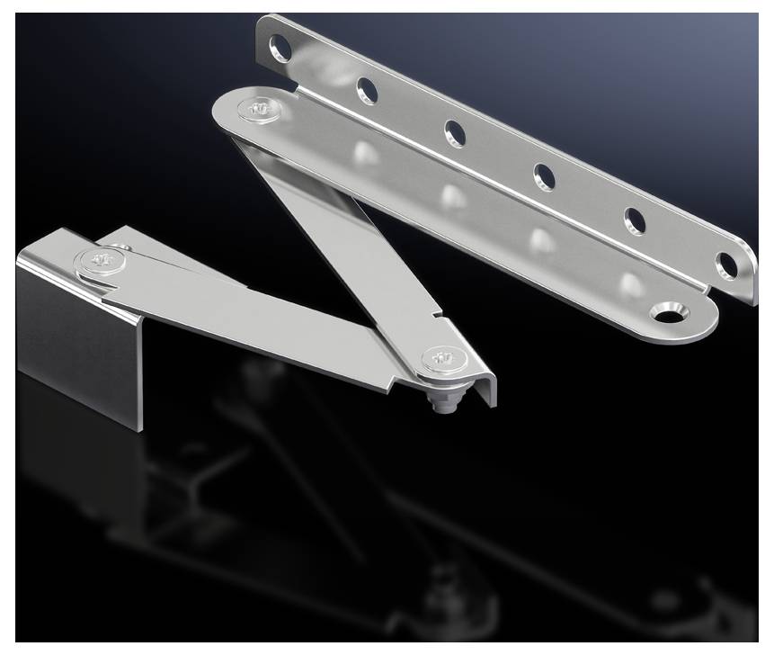 Srebrny zawias wieloprzegubowy leży na ciemnym tle. Posiada otwory na śruby mocujące.