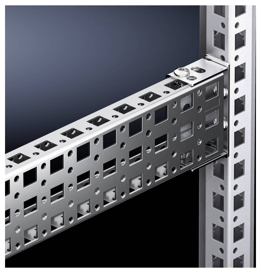 Srebrny, perforowany system metalowy w konfiguracji prostokątnej. Prezentuje stabilizujące elementy metalowe z mechanizmami mocującymi.