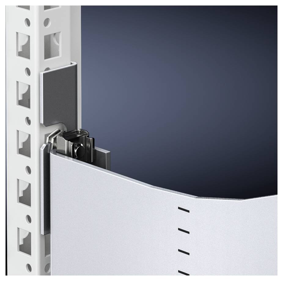 Przegroda na czarnym tle w regale, prezentująca szczegółowy mechanizm zamykający. Główny kolor to szary.