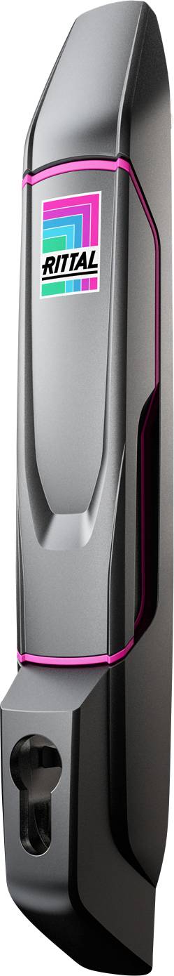 Klamka z nowoczesnym designem, czarna z różowymi i turkusowymi akcentami; widoczne logo znanej marki.