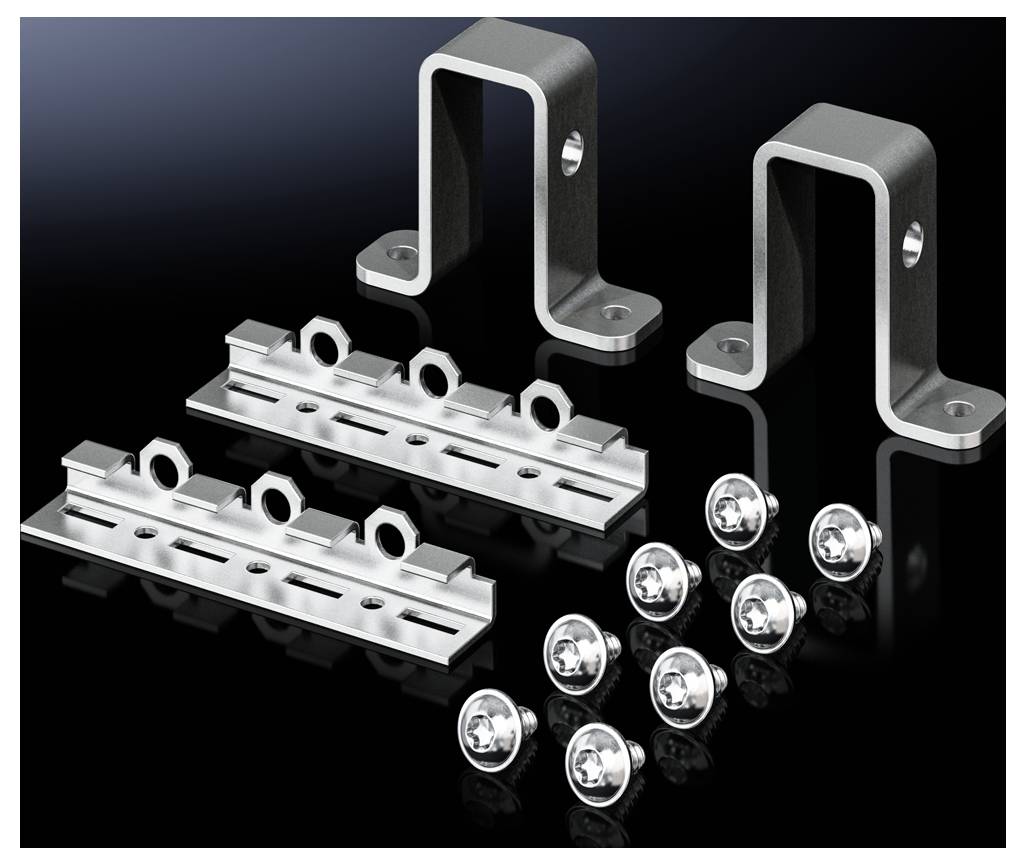 Dwie metalowe mocowania ze śrubami i szynami, ułożone symetrycznie na czarnym tle, przeznaczone do celów montażowych.