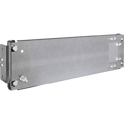 Prostokątny, szary element metalowy z elementami mocującymi w narożnikach, prawdopodobnie część urządzenia technicznego.