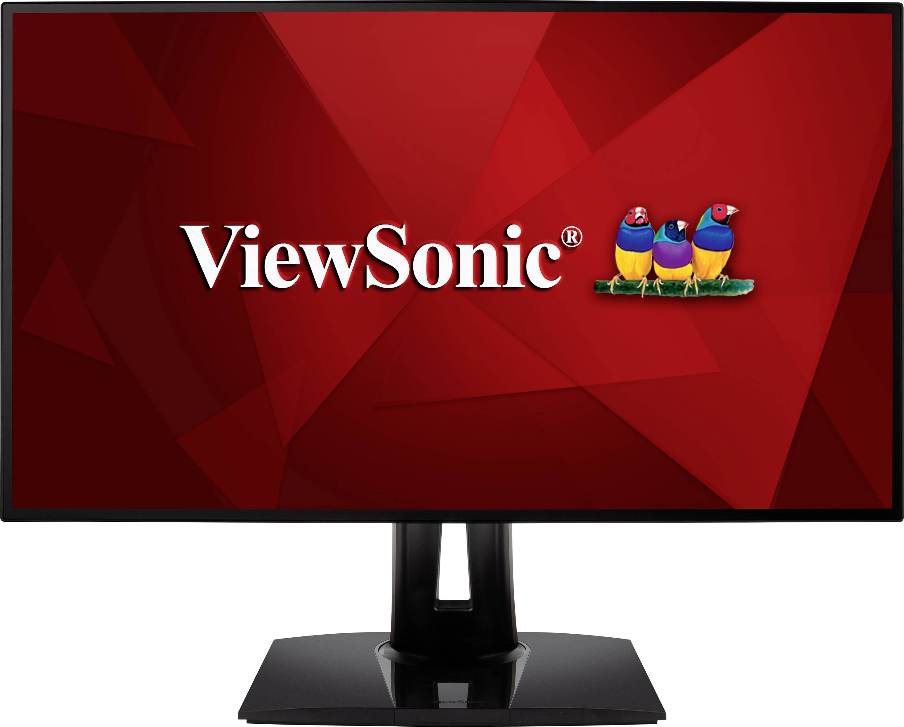Monitor komputerowy wyświetla logo 'ViewSonic' na czerwonym tle geometrycznym. Po prawej stronie widnieją trzy kolorowe ptaki.