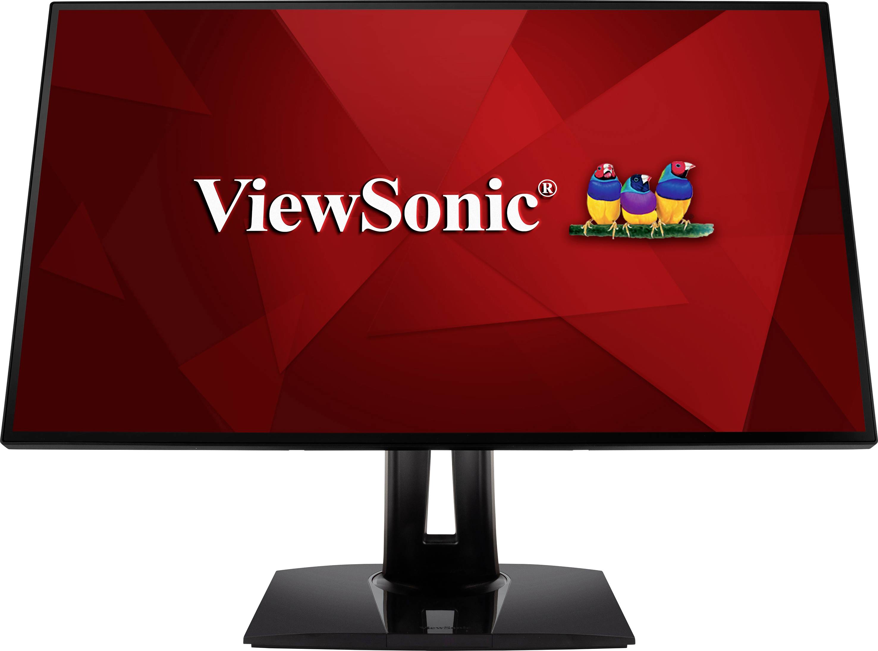 Komputerowy monitor z czerwonym tłem wyświetla logo marki 'ViewSonic', składające się z trzech kolorowych ptaków.