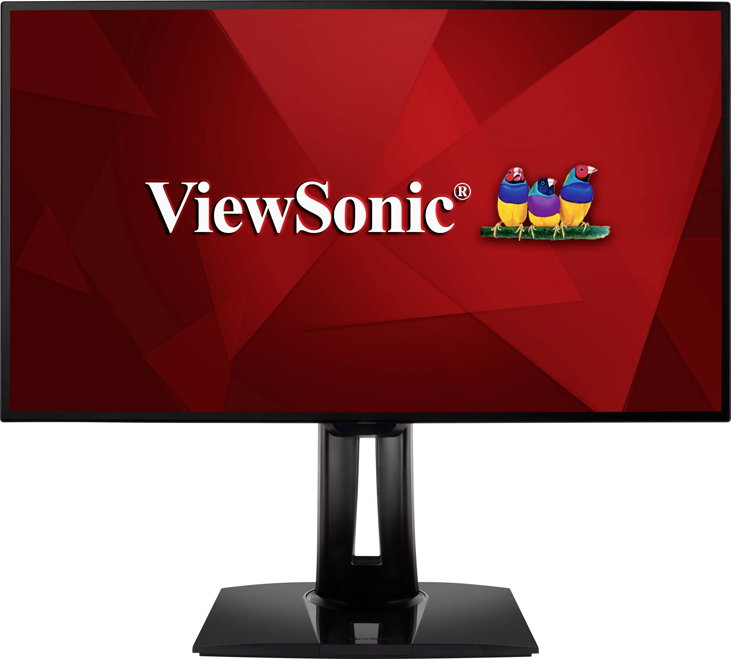 Monitor z czerwonym ekranem wyświetla logo 'ViewSonic' i trzech ptaków.