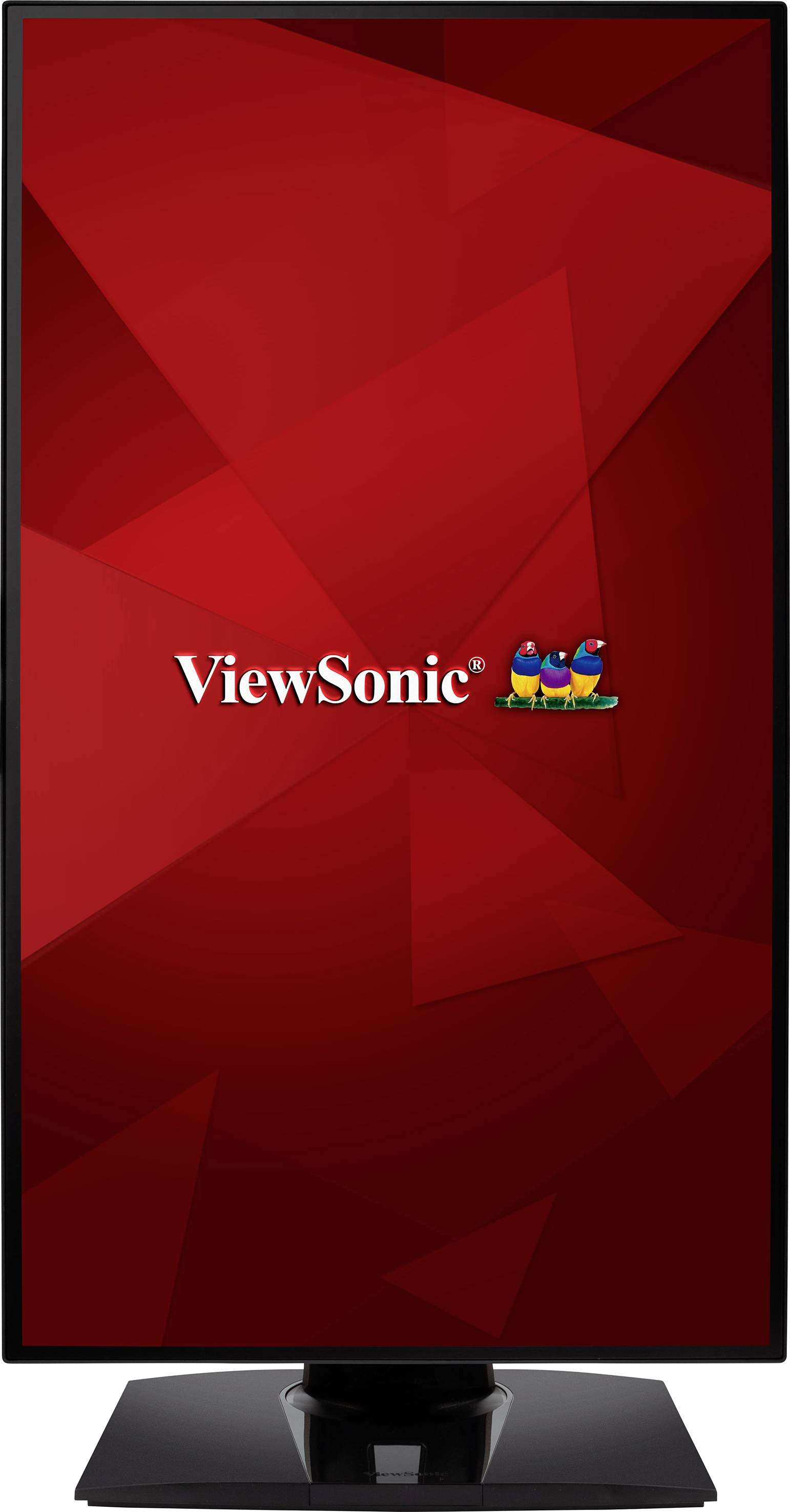 Monitor komputerowy firmy ViewSonic w orientacji pionowej z jaskrawoczerwonym tłem i logo ViewSonic na środku.