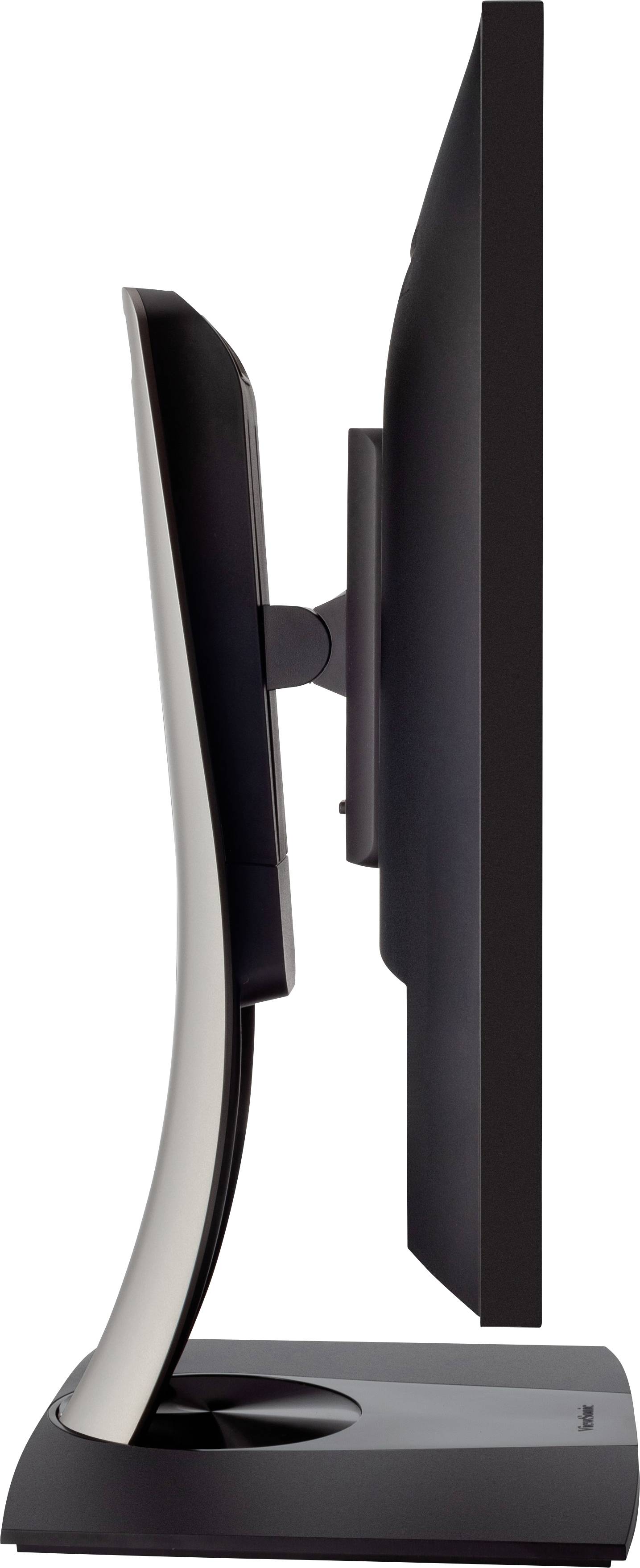 Cienki monitor komputerowy przedstawiony z profilu. Ekran jest czarny, a zakrzywiona podstawa ma smukły kształt.