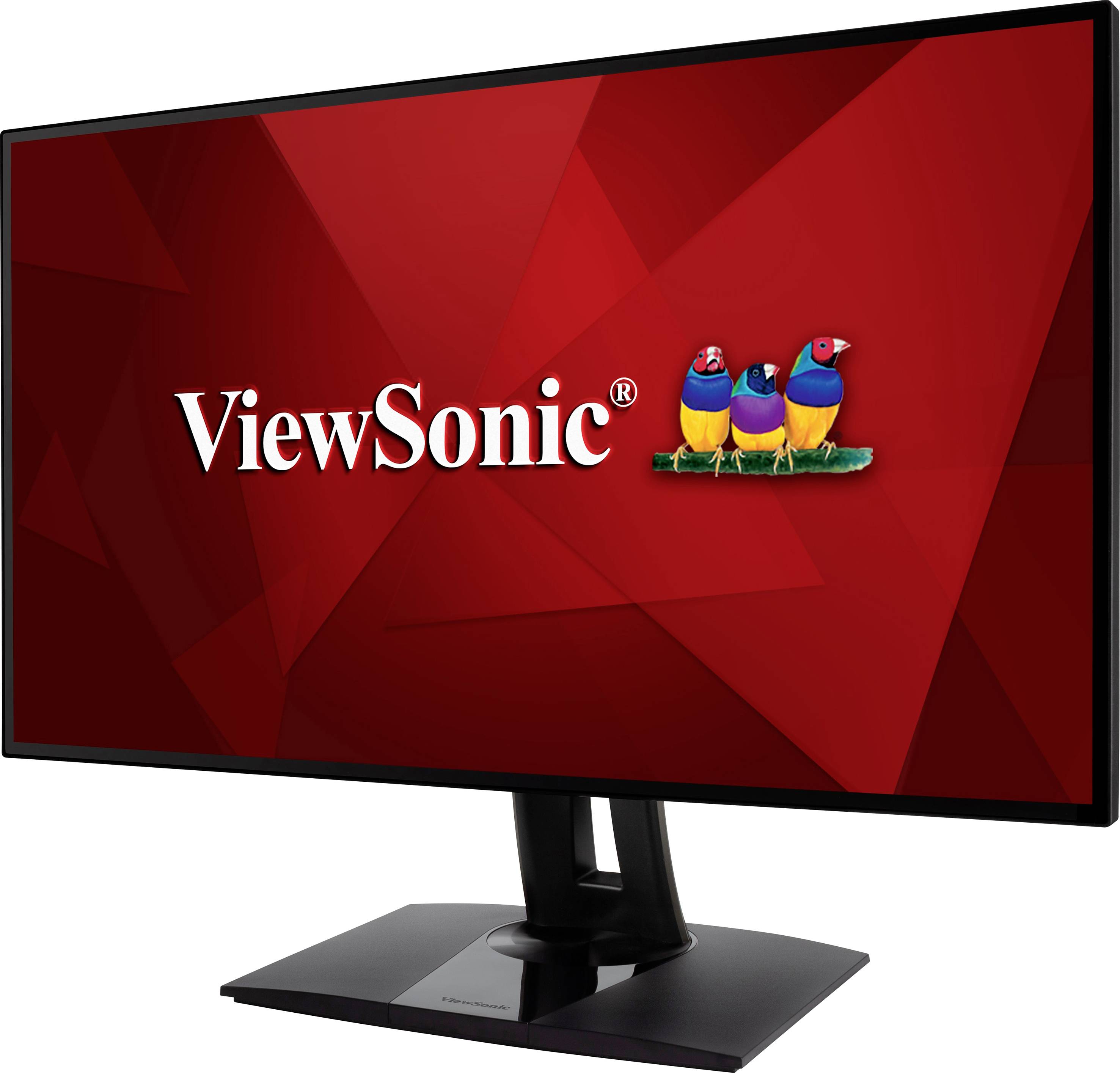 Monitor komputerowy z czerwonym tłem wyświetla logo 'ViewSonic' oraz obrazy trzech kolorowych ptaków na ekranie.
